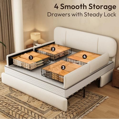 King Size Cloud Bed Frame with LED & 4 Drawers, Beige