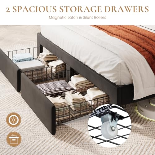 Queen Bed Frame, 2 Storage Drawers & 2-Tier Storage Headboard