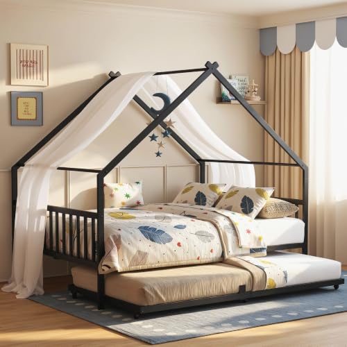 Daybed with Trundle, House Full Bed Frame for Bedroom, Black