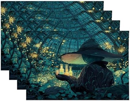 Witch Potion Greenhouse Linen Placemats, Bioluminescent Vine Armed Mushroom Hatted Table Mats for Table Washable Heat Insulation Thick Dining Mat, Indoor/Outdoor 12X18 in 4 Pcs