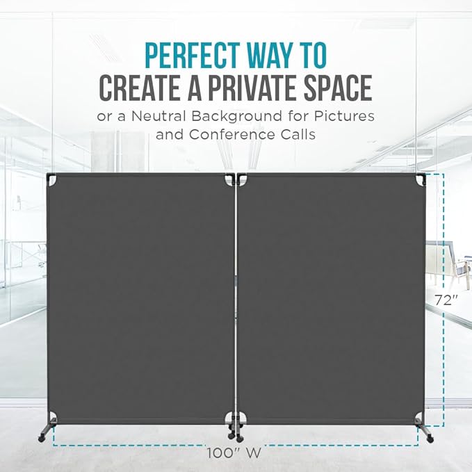 Steel-AID 100-inch Rolling Privacy Room Divider - Freestanding Office Wall Partition with Non See-Through Blackout Screen - Sturdy & Durable Iron Frame - Rolling Wheels - Black, White, Gray & Blue
