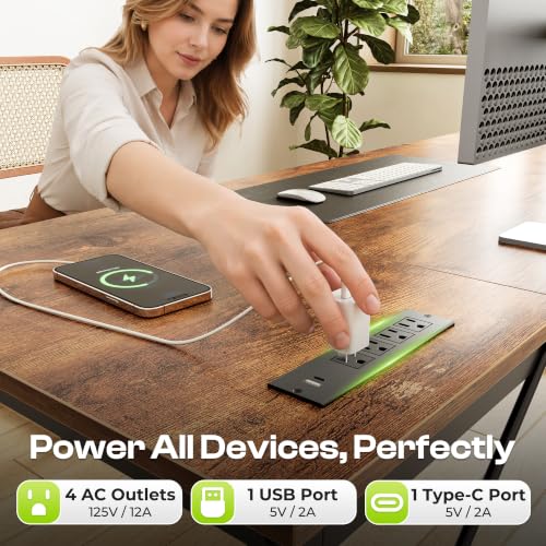 70x24 Inch Computer Desk with Power Outlets & USB-C, Rustic Brown