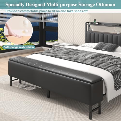 King Size Platform Bed Frame with Storage Headboard, Star Projector, Black