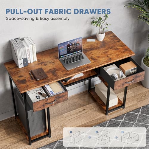48-Inch Computer Desk with Drawers and Hook, Brown