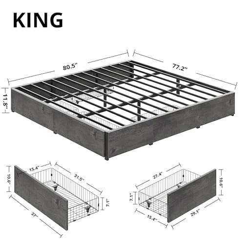 King Bed Frame with 4 Storage Drawers, Charcoal Grey