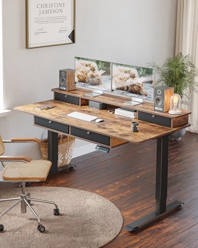 FEZIBO 55 x 30 inch Standing Electric Desk with Drawers, Rustic Brown