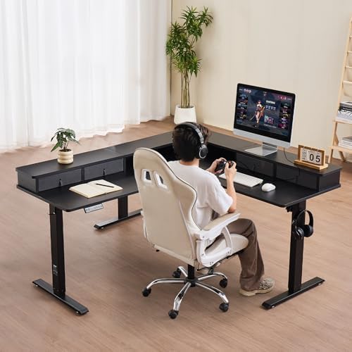 VEVOR 63'' Electric L Shaped Standing Desk, 3 Memory Height, 2-Tier Corner Table with 4 Drawers Storage, 2 Hooks & Cable Hole, Heavy Duty Carbon Steel Sit Stand Computer Workstation, Easy to Assemble