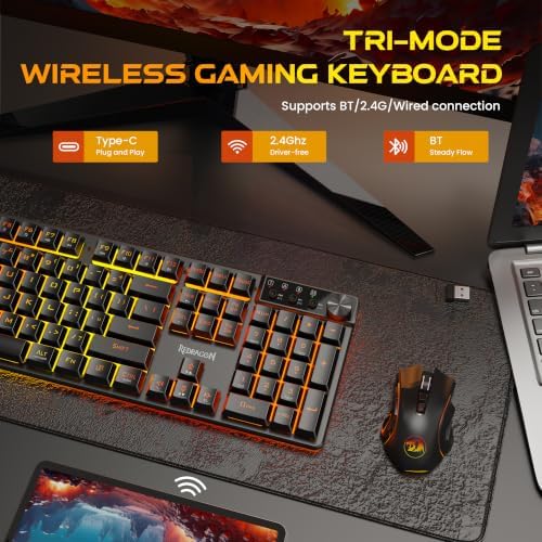 Redragon K521KS Wireless Gaming Keyboard, Tri-Mode BT/2.4G/USB-C RGB Mechanical Feeling Keyboard with Multimedia Keys, 4000mAh Battery, Anti-Ghosting, Compatible with PC - Upgrade