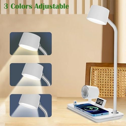 IHAO Smart LED Desk Lamp with Wireless Charger & Bluetooth Speaker, 15W Fast Charging Station for Phone & Earbuds Touch Control 3 Light Modes Alarm Clock Adjustable Eye-CareTable Lamp-HYT1772 White