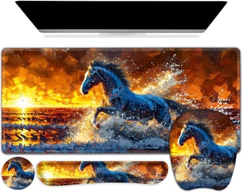 Large Mouse Pad, Keyboard Wrist Rest Set, Ergonomic Mouse Pad with Wrist Support, Desk Mat with Stitched Edges + Coaster, Extended Desk Pad Waterproof Desk Mat for Home Office Game I Running Horse