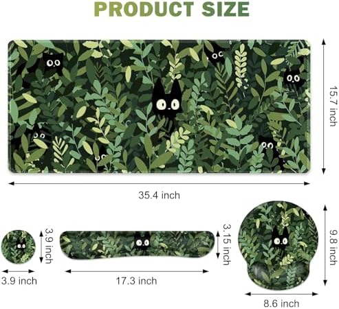 Large Desk Mat, Cute Anime Cats Gaming Mouse Pad, Desk Pad Protector, XXL Mousepad + Keyboard Wrist Rest+Mouse Wrist Rest+Coaster Set with Ergonomic Desk Pad for Home Office PC Computer, Green Leaves