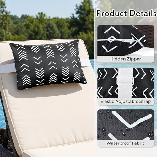 Black Geometric Outdoor Chaise Lounge Head Pillow 11"x16" Set of 2