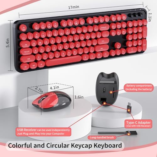 Wireless Keyboard Mouse Combo, 104 Keys Cute Colorful Typewriter Black Red