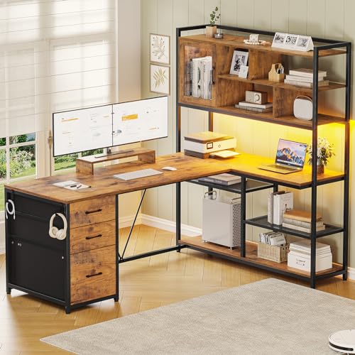 58'' L Shaped Computer Office Desk with 3 Drawers and Bookshelf