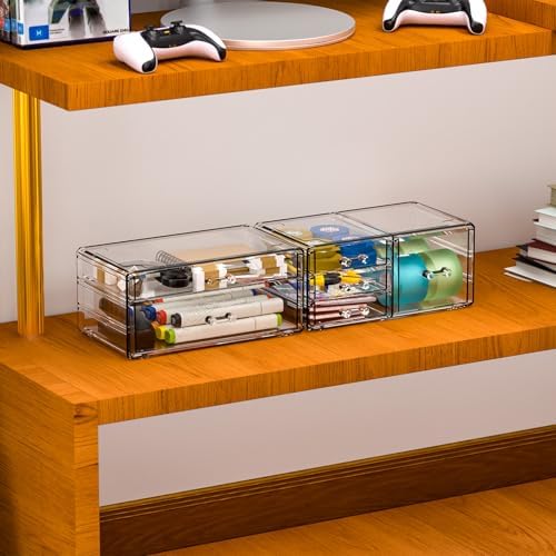 Cq acrylic 2 Pack Clear Desk Organizer With Drawers,Stackable 6 Drawers Skincare Organizer,Cute Skin Care Organizers for Vanity Hair Clip,Jewelry,Beauty Product Desk and Makeup Organizers Countertop