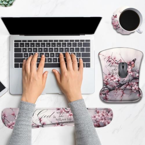 Ergonomic Keyboard Wrist Rest & Mouse Wrist Support Set with Lace Coaster, Gel Memory Foam Anti-Slip Base, Pain Relief for Typing, Cherry Blossom Butterflies