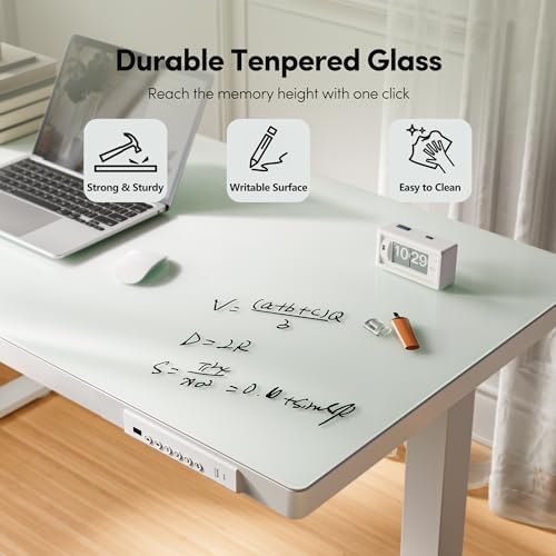 FEZIBO 55 Inch One-Piece Standing Desk with Glass Top and Drawer, White