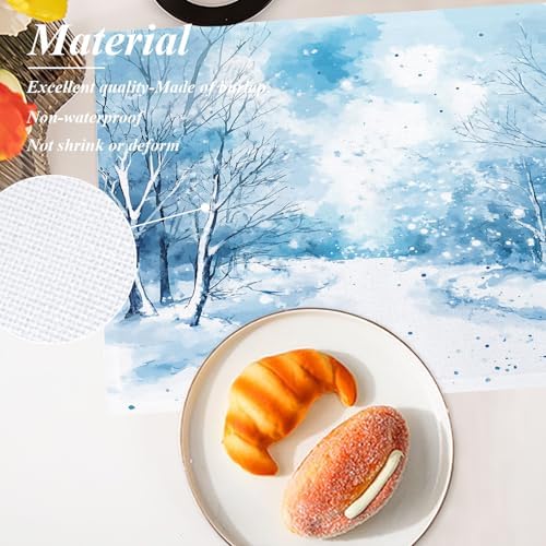 Shrahala Watercolor Winter Landscape Set Of 4 12 X 18 Inch Linen Placemats , Blue Snow Fir Snowy Land Burlap Table Mat Washable Double Layered Heat Insulation For Indoor/Outdoor