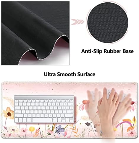 AIMSA Keyboard Mouse Pad Wrist Rest, Extended Gaming Mouse Pad +Wrist Support, Ergonomic Memory Foam,XXL Large Mousepad Easy Typing Pain Relief, 4Pcs (35×15.7 in) Desk Mat, Pink Flowers