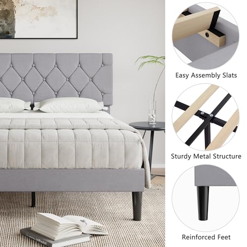 Full Bed Frame with Upholstered Tufted Headboard, Grey