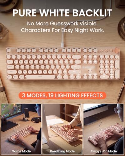 Wired Typewriter Mechanical Keyboard, Retro Punk Keyboard with Media Knob