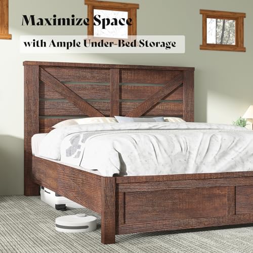 Farmhouse Queen Size Bed Frame with 49" Barn Door Headboard, Brown