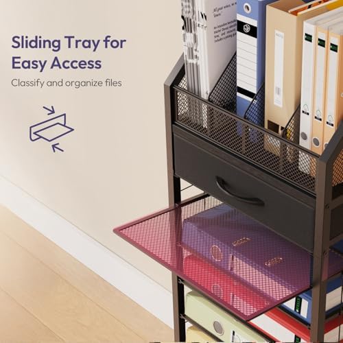 SWTYMIKI 9-Tier Rolling File Cart - Paper Organizer with Drawer and Trays, Wood Desk Office Organizer, Office Organization and Binder Storage for Workspace, Home, School, Black