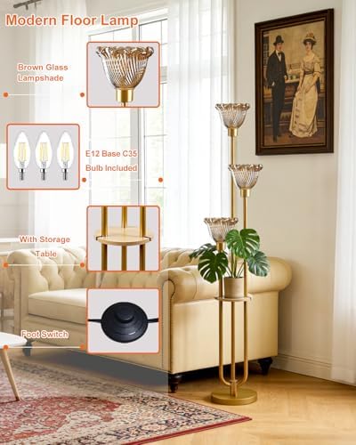 Lightdot Amber Flower Glass Floor Lamp with Table Gold Floor Lamp 3-Light