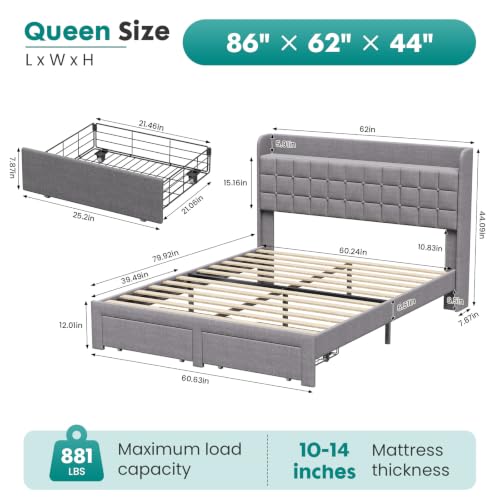Queen Bed Frame, Upholstered Platform Bed Frame with Storage Drawers