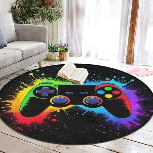 Large Machine Washable Circular Rugs, Home Decor Round Mat for Living Room Sofa Office Gaming Video Game Cool Games