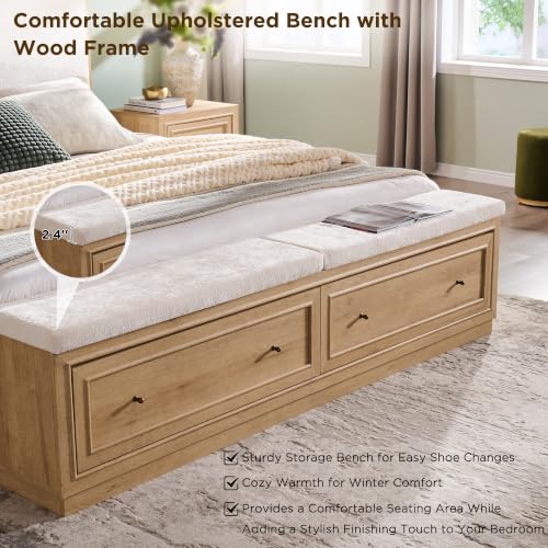 King Bed Frame w/Upholstered Headboard,Storage Bench,Natural Oak