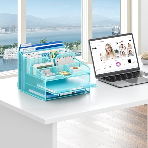 Lavatino Desk Paper File Organizer - Metal Mesh with 2 Letter Trays, 7 Flexible Dividers, 2 Vertical File Folder Holders for Office/Home/Classroom Supplies, Desk Organizers and Accessories, Blue