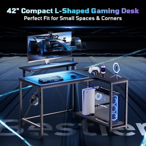 42-Inch L-Shaped Computer Desk with Charging & LED, Black