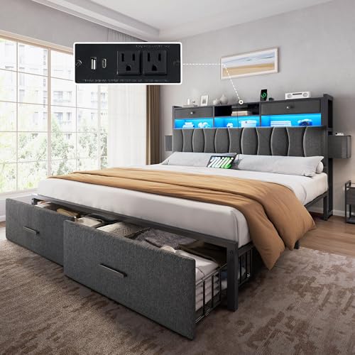 King Size Bed Frame with 2 Storage Drawers and Charging Station