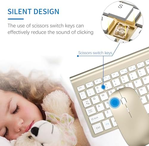 Wireless Keyboard and Mouse Ultra Slim Combo, TopMate - Gold White