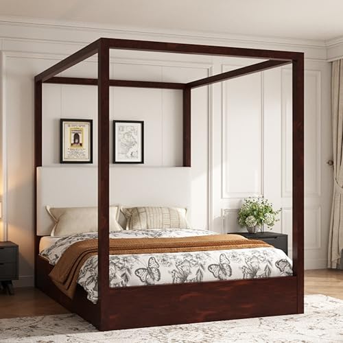 Queen Size Canopy Bed Frame with Upholstered Headboard,Solid Wood Floor Four Poster Platform Bed Frame with Slat Support,No Box Spring Needed,Easy Assembly,Espresso