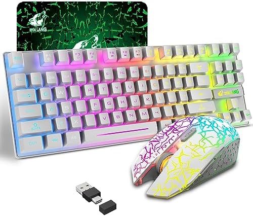 Wireless Membrane Gaming Keyboard and Mouse Set with 87Key Tenkeyless-White