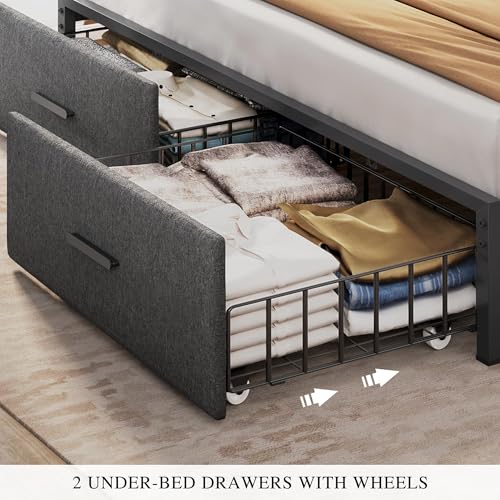 King Size Bed Frame with 2 Storage Drawers and Charging Station