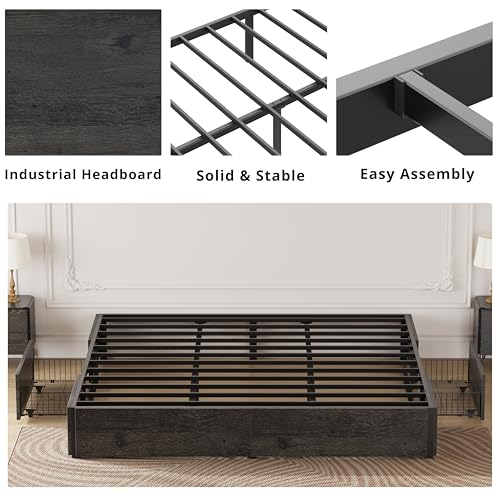 King Bed Frame with 4 Storage Drawers, Charcoal Grey