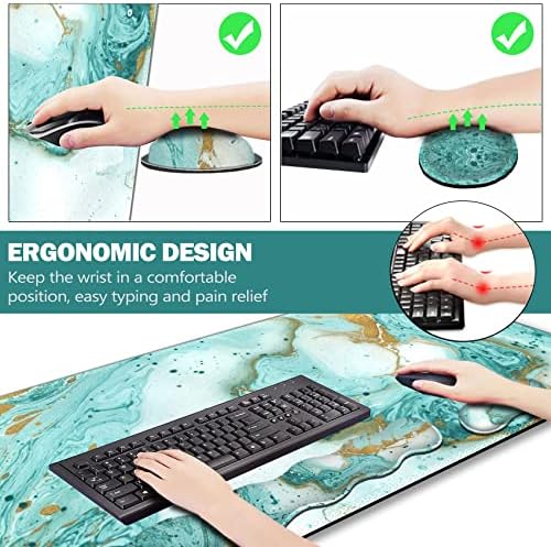 Upgraded Large Gaming Mouse Pad, Keyboard Wrist Rest Pad, Wrist Support Mousepad Set, Artso Rubber Base Stitched Edges, Multifunctional Desk Pad (35 x15.5 in) for Office, Home, Teal Turqoise Marble