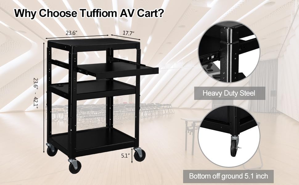 Bonnlo 3-Tiers Rolling AV Presentation Cart with Keyboard Tray, Mobile Computer Utility Media Cart with Adjustable Height Function, Projector Cart on Wheels for School, University and Office Use