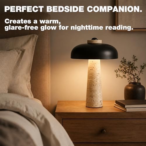 18" Travertine Table Lamp with Black Metal Shade, Marble Mid-Century Modern Black Stone Desk Lamp for Office, Large Stone Bedside Lamp for Living Room Bedroom