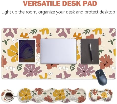 ARTSO Gaming Mouse Pad Wrist Support Set,Cute Flower Desk Mat+Mouse Pad with Wrist Rest +Keyboard Wrist Pad+Coaster,4-in-1 Mousepad Ergonomic Design for Home Office Game