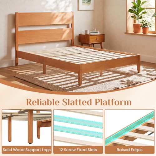 Full Size Wooden Bed Frame with Slatted Headboard (Warm Brown)