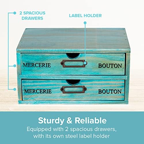Turquoise 2-Tier Drawer Unit - European Country Style Desk Organizer Box - 9.7x7x5.1" Teal Wooden Stackable Drawers - Countertop Organizer Drawers w/Label Holder - Double File Drawer Unit