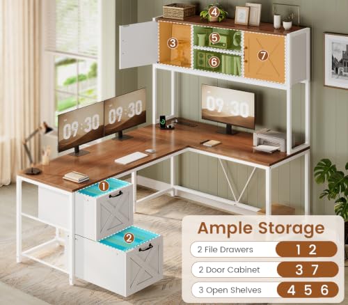 Reversible Farmhouse L Shaped Computer Desk with Drawers, Hutch