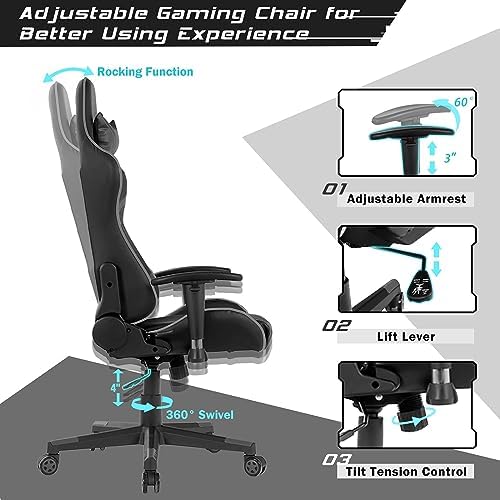 DORTALA Ergonomic Gaming Chair, High-Back Racing Chair w/Massage Lumbar Support, Extra Power Bank Pocket, 360° Swivel, Adjustable Backrest & Armrest, for Office, Game Room (Grey)