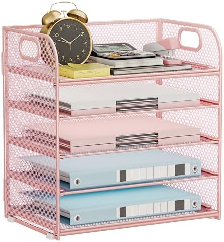 5-Tier Stackable Paper Organizer with Handle, Pink