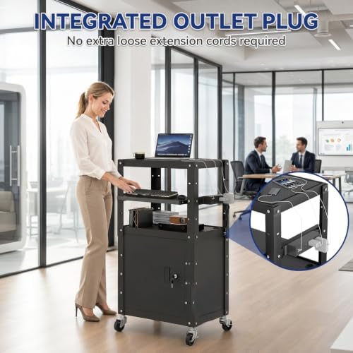 Mobile AV Cart with Cabinet Adjustable Height Computer Cart Rolling Media Utility Cart Heavy Duty with 4 Outlets & Pullout Keyboard Tray Mobile Computer Workstation with Lock Brake Wheels