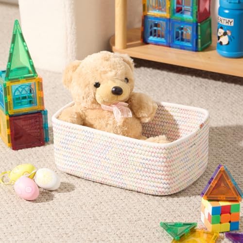 MiniArk Small Storage Baskets for Organizing | Closet Organizer Bins | Shelf Toy Basket | Woven Rope Baskets | Cube Decorative Box | Shallow Basket | 11.5x7.5x4.7” | 3 Packs Rainbow